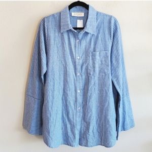 Blue Pinstripe Front Pocket Button Up Top
